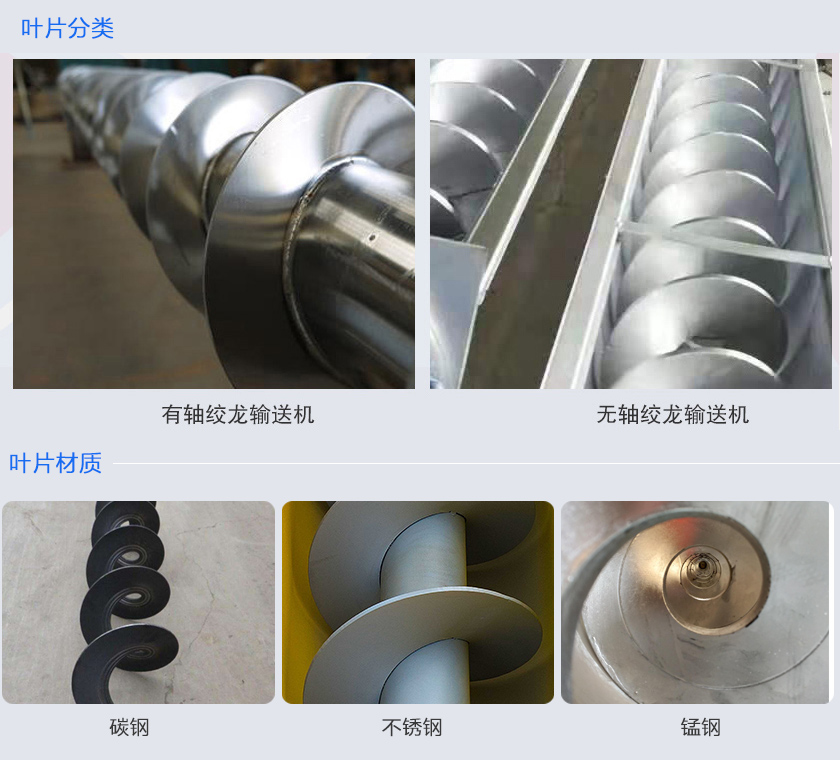 絞龍輸送機(jī)分為有軸和無軸絞龍輸送機(jī)，可根據(jù)物料不同選擇有碳鋼、不銹鋼、錳鋼等材質(zhì)。
